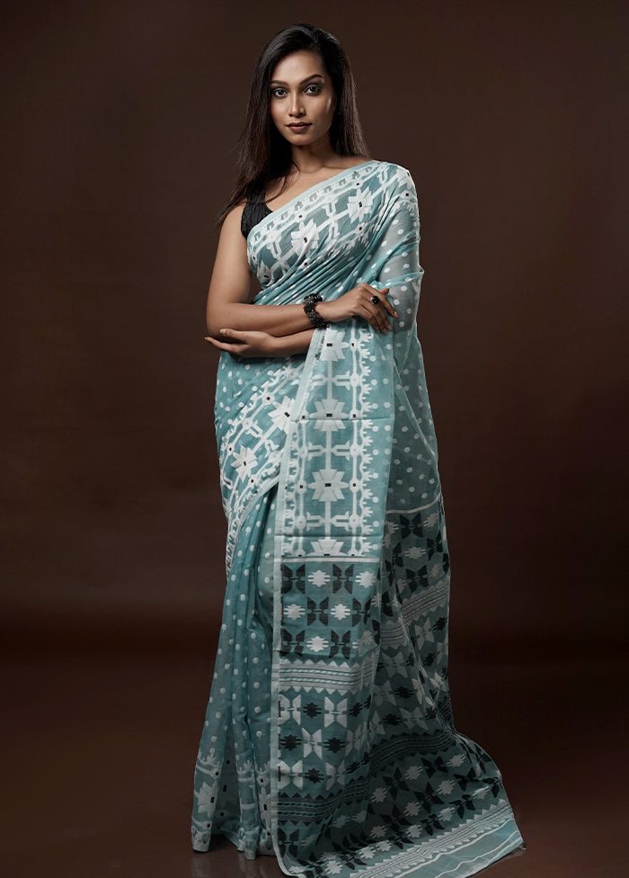 Blue Tant Jamdani Saree Without Blouse Piece