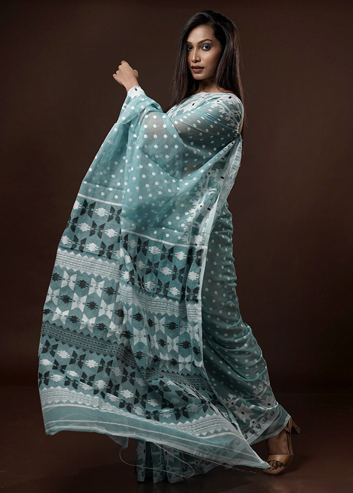 Blue Tant Jamdani Saree Without Blouse Piece