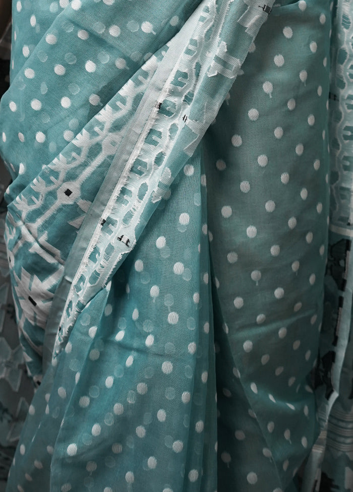 Blue Tant Jamdani Saree Without Blouse Piece - Indian Silk House Agencies