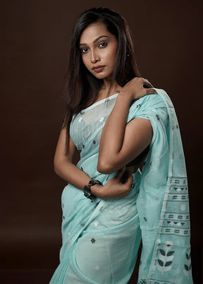 Blue Tant Jamdani Saree Without Blouse Piece - Indian Silk House Agencies