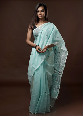 Blue Tant Jamdani Saree Without Blouse Piece