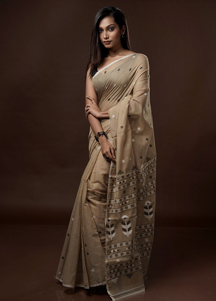 Cream Tant Jamdani Saree Without Blouse Piece - Indian Silk House Agencies