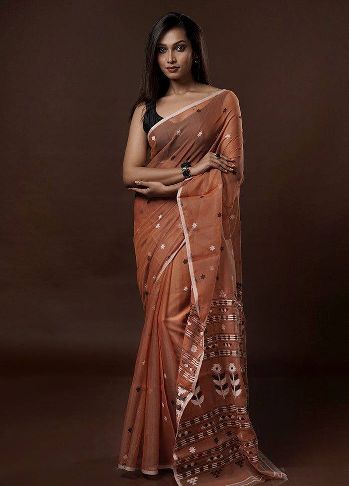 Peach Tant Jamdani Saree Without Blouse Piece