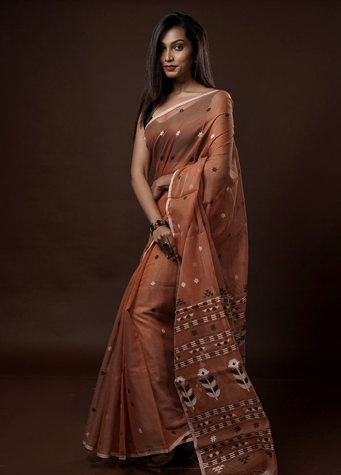 Peach Tant Jamdani Saree Without Blouse Piece - Indian Silk House Agencies