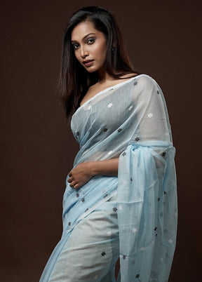 Blue Tant Jamdani Saree Without Blouse Piece - Indian Silk House Agencies