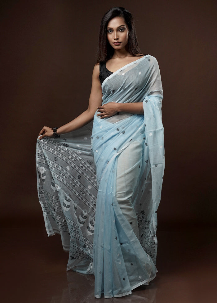 Blue Tant Jamdani Saree Without Blouse Piece