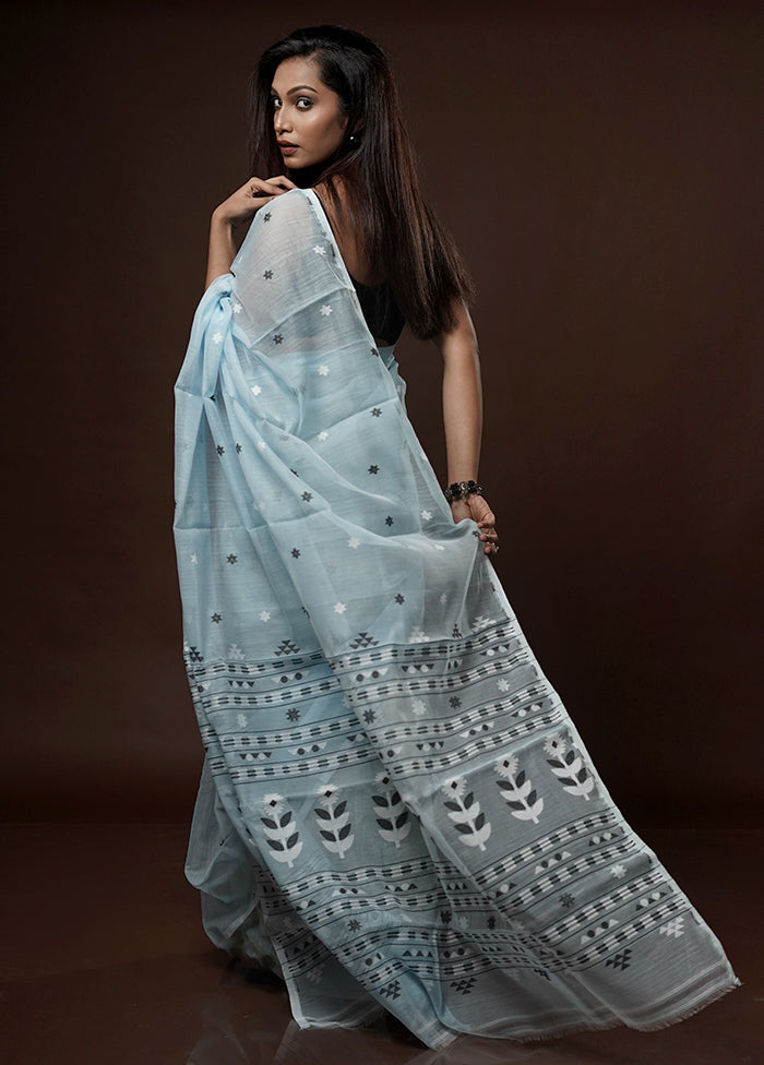 Blue Tant Jamdani Saree Without Blouse Piece