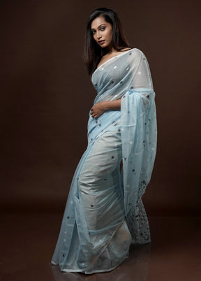 Blue Tant Jamdani Saree Without Blouse Piece