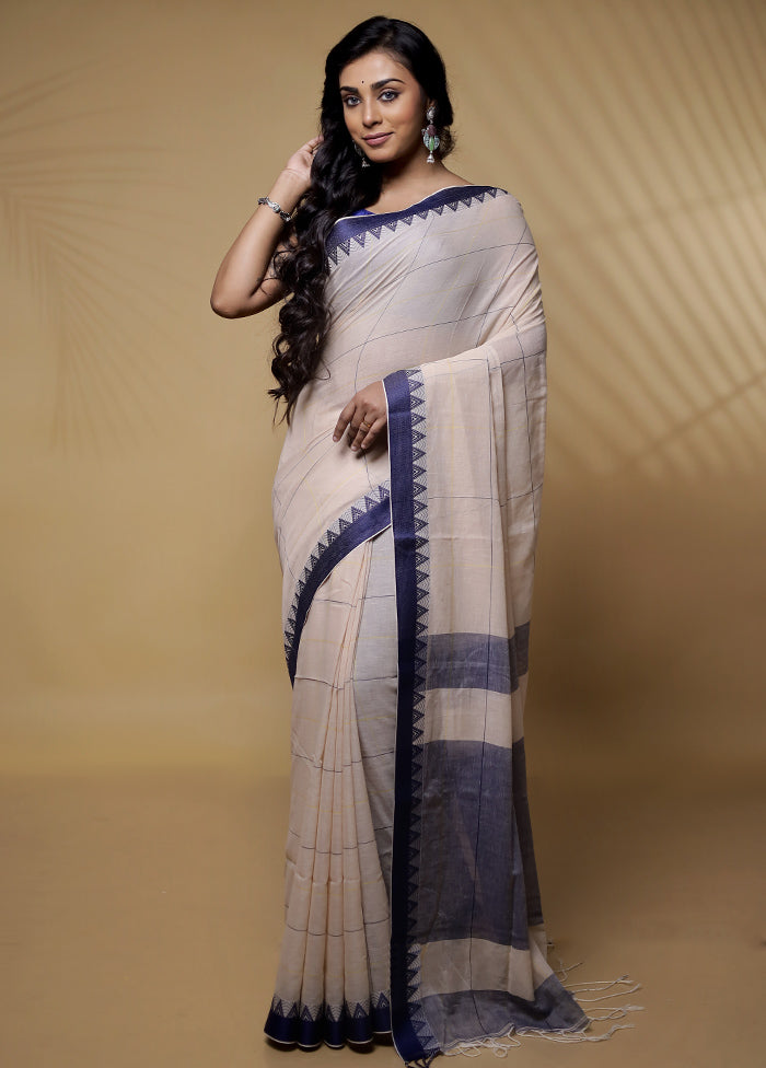 Cream Khadi Cotton Saree Without Blouse Piece - Indian Silk House Agencies