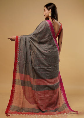 Gray Khadi Cotton Saree With Blouse Piece