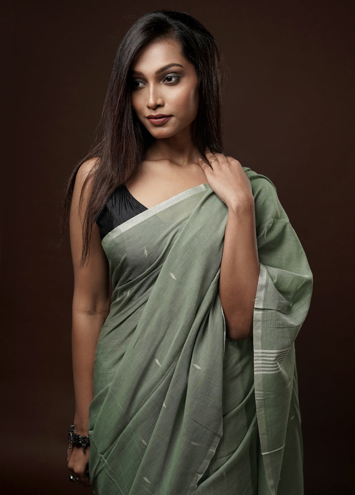 Green Khadi Cotton Saree With Blouse Piece