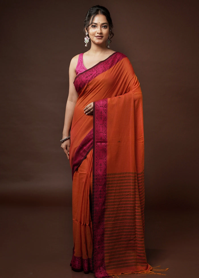 Orange Khadi Cotton Saree With Blouse Piece - Indian Silk House Agencies