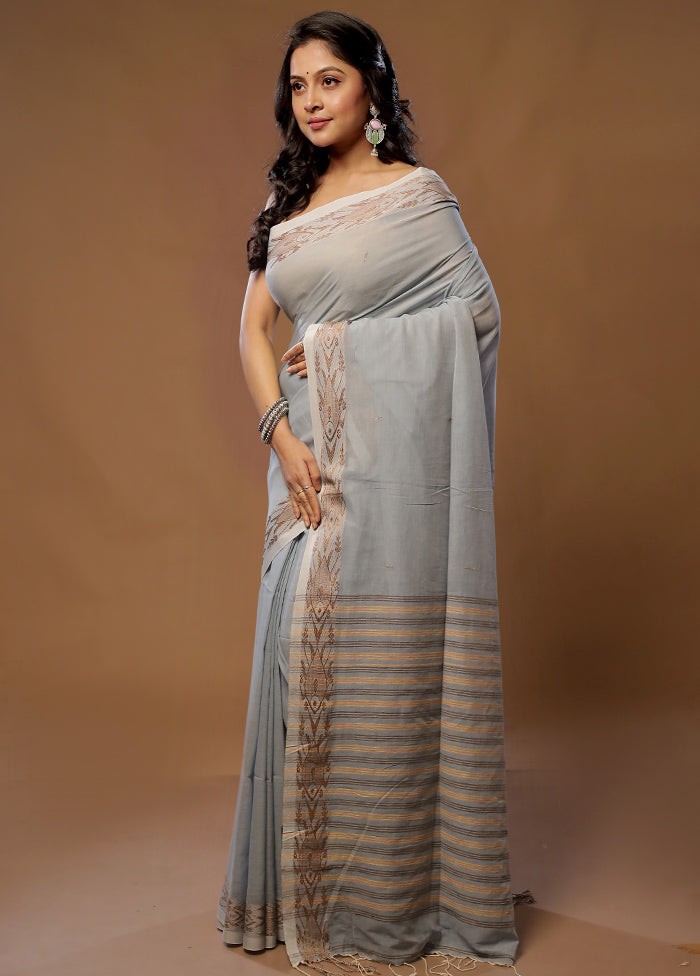 Blue Khadi Cotton Saree With Blouse Piece