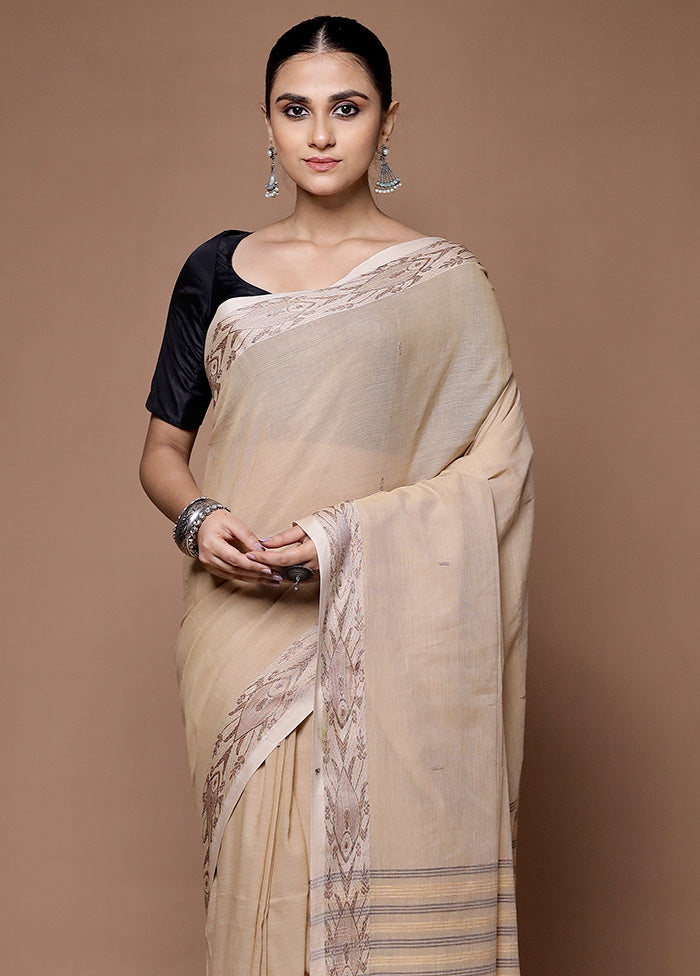 Cream Khadi Cotton Saree With Blouse Piece