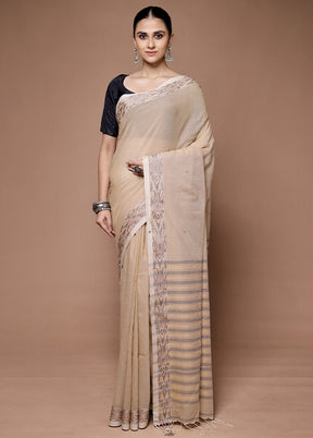 Cream Khadi Cotton Saree With Blouse Piece