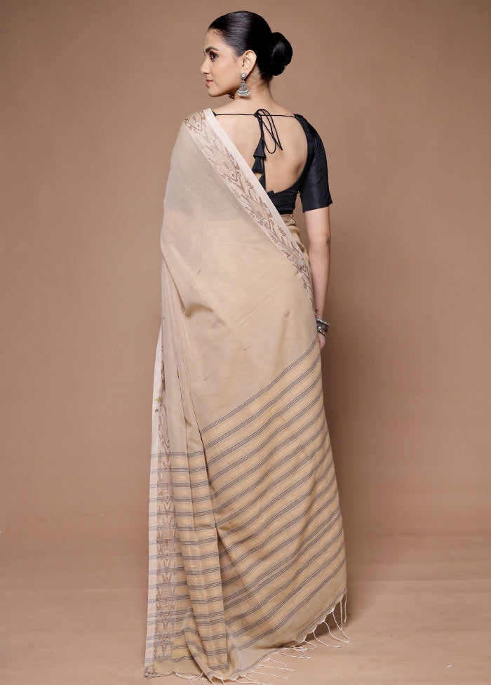 Cream Khadi Cotton Saree With Blouse Piece