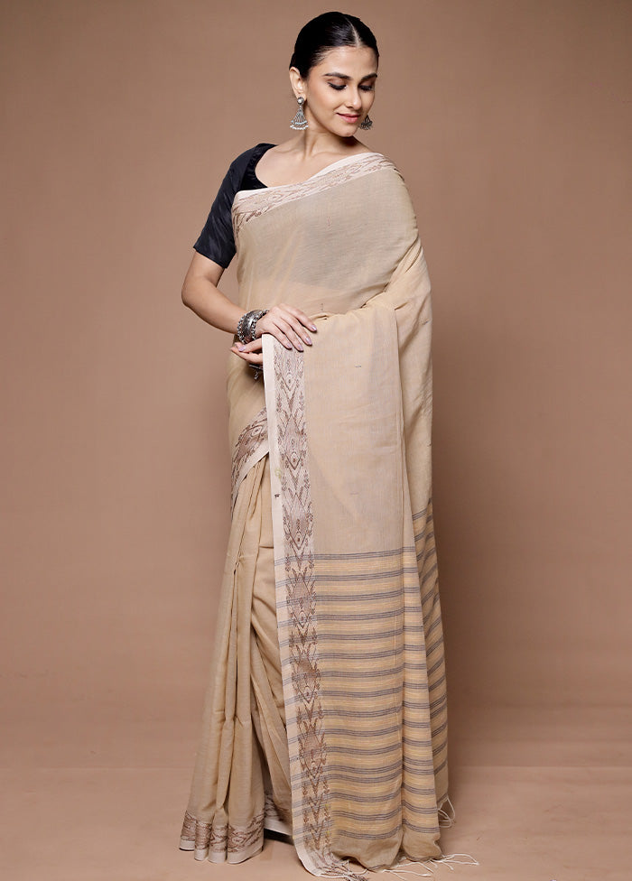 Cream Khadi Cotton Saree With Blouse Piece