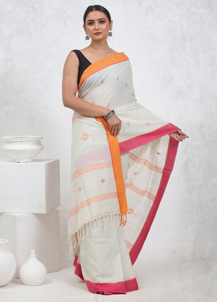 White Khadi Cotton Saree With Blouse Piece