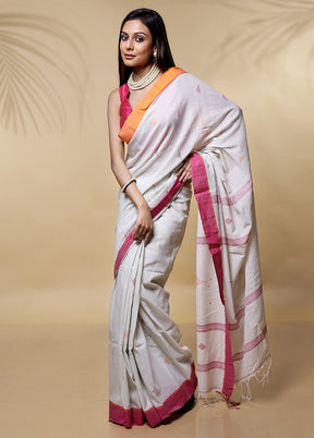 Cream Khadi Cotton Saree Without Blouse Piece - Indian Silk House Agencies