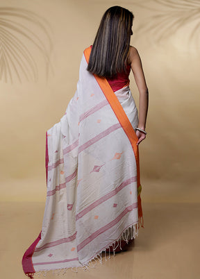 Cream Khadi Cotton Saree Without Blouse Piece - Indian Silk House Agencies