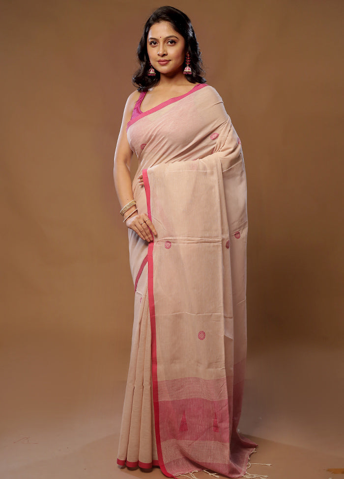 Cream Khadi Cotton Saree With Blouse Piece