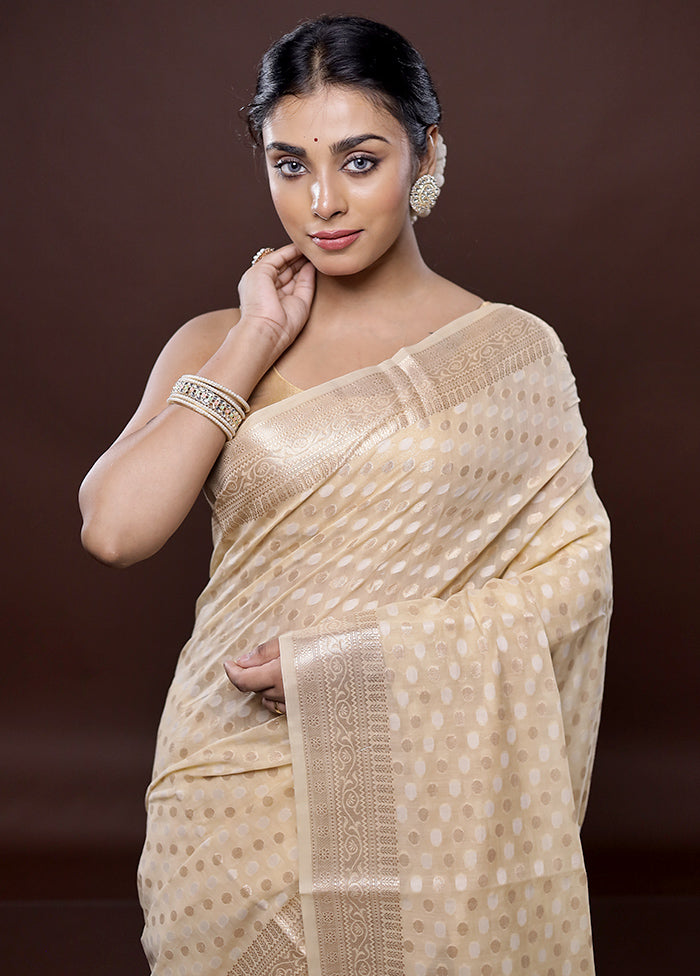 Cream Kora Silk Saree Without Blouse Piece - Indian Silk House Agencies