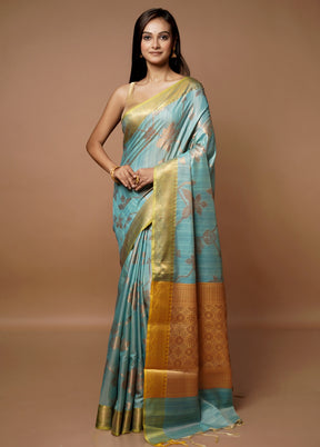 Blue Dupion Silk Saree With Blouse Piece