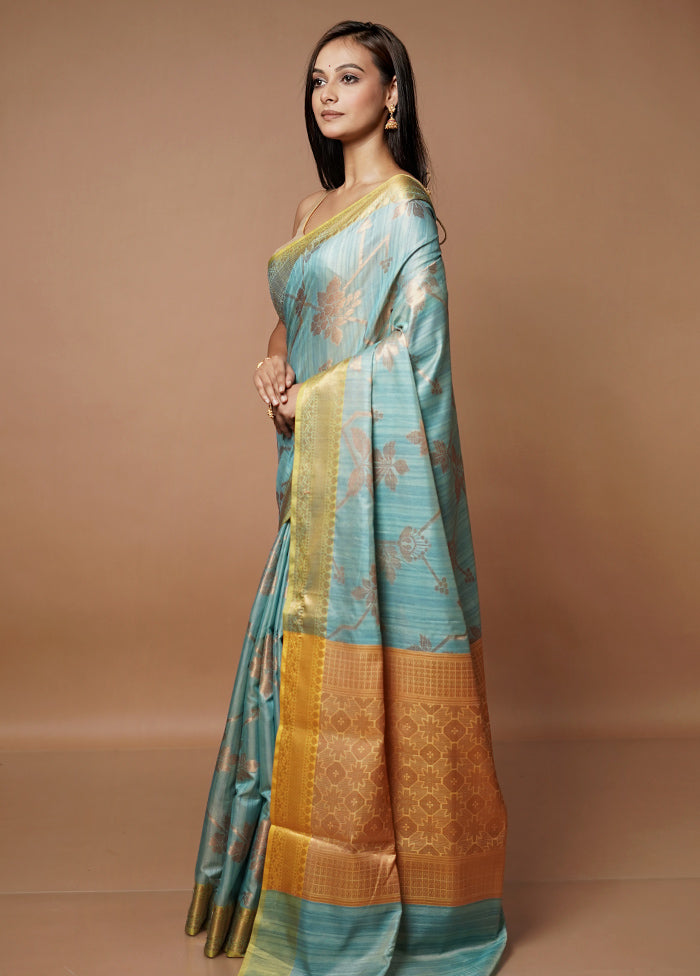 Blue Dupion Silk Saree With Blouse Piece