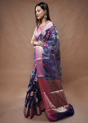 Blue Organza Saree With Blouse Piece - Indian Silk House Agencies