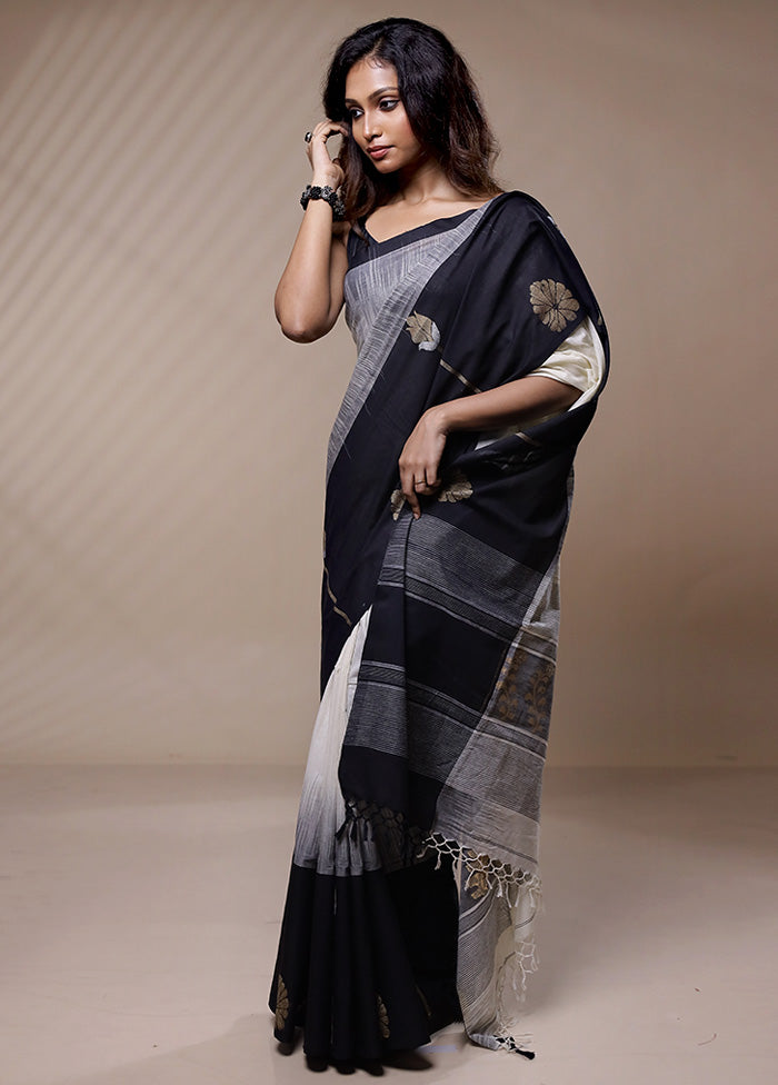 Black Pure Khadi Cotton Saree Without Blouse Piece - Indian Silk House Agencies
