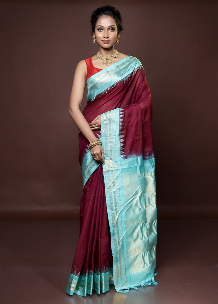 Maroon Gadwal Pure Silk Saree Without Blouse Piece