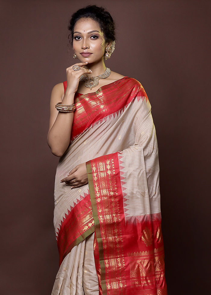 Cream Gadwal Pure Silk Saree Without Blouse Piece - Indian Silk House Agencies