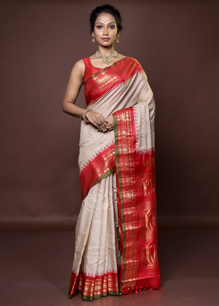 Cream Gadwal Pure Silk Saree Without Blouse Piece - Indian Silk House Agencies