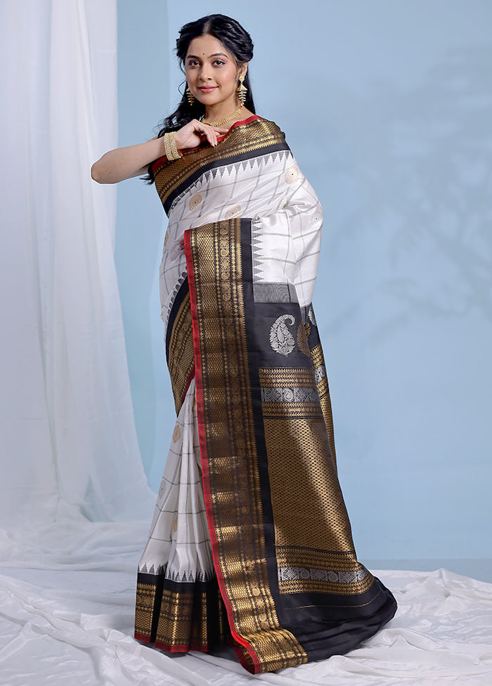White Gadwal Pure Silk Saree Without Blouse Piece - Indian Silk House Agencies