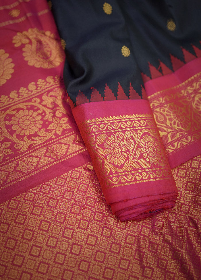 Black Gadwal Pure Silk Saree Without Blouse Piece - Indian Silk House Agencies