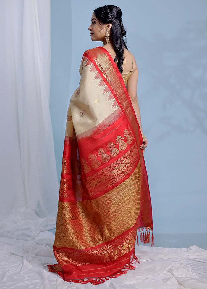 Cream Gadwal Pure Silk Saree Without Blouse Piece - Indian Silk House Agencies