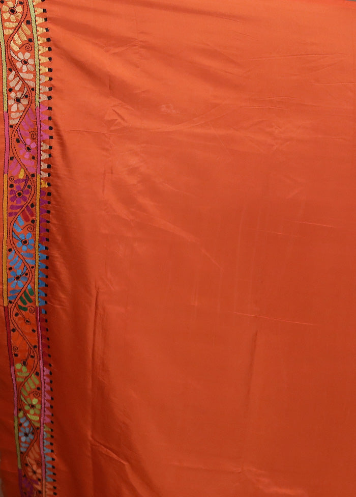 Orange Kantha Stitch Silk Saree With Blouse Piece