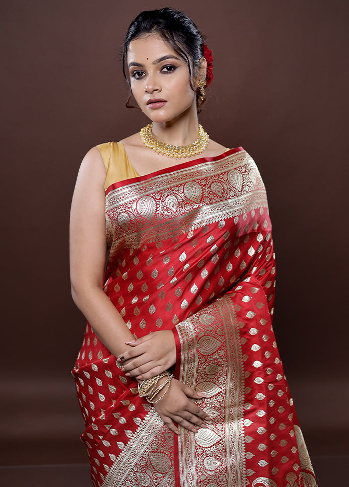 Red Banarasi Silk Saree Without Blouse Piece