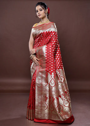 Red Banarasi Silk Saree Without Blouse Piece - Indian Silk House Agencies