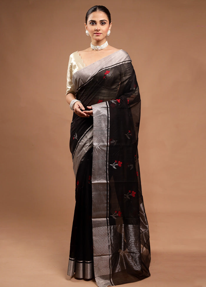 Black Handloom Chanderi Pure Cotton Saree With Blouse Piece