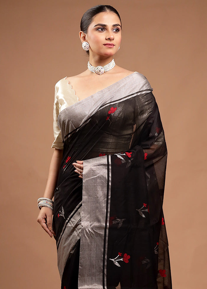 Black Handloom Chanderi Pure Cotton Saree With Blouse Piece