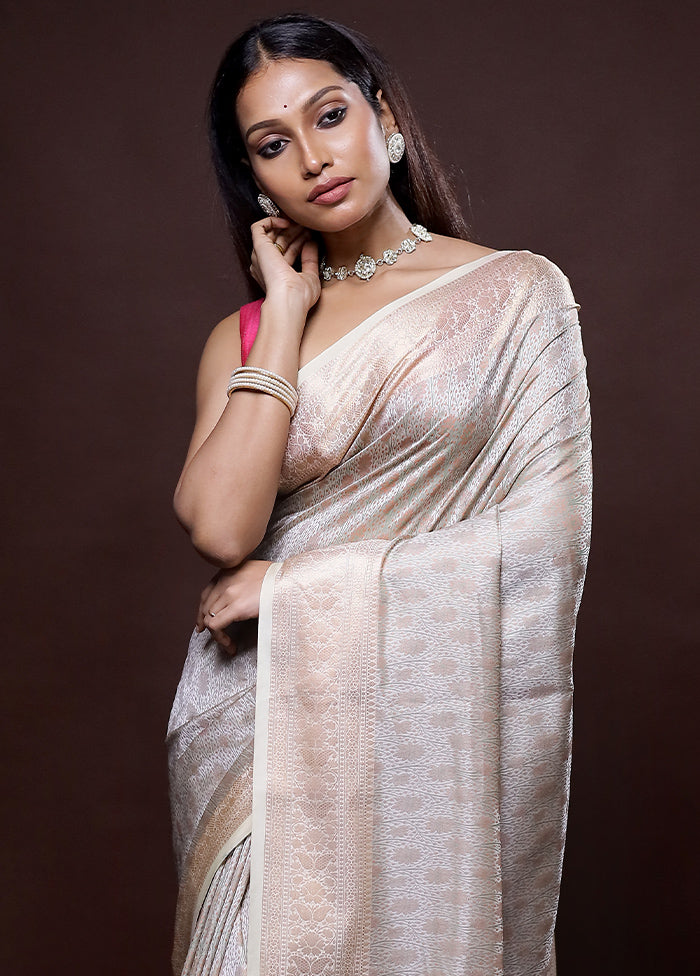 Cream Jamewar Banarasi Silk Saree Without Blouse Piece - Indian Silk House Agencies
