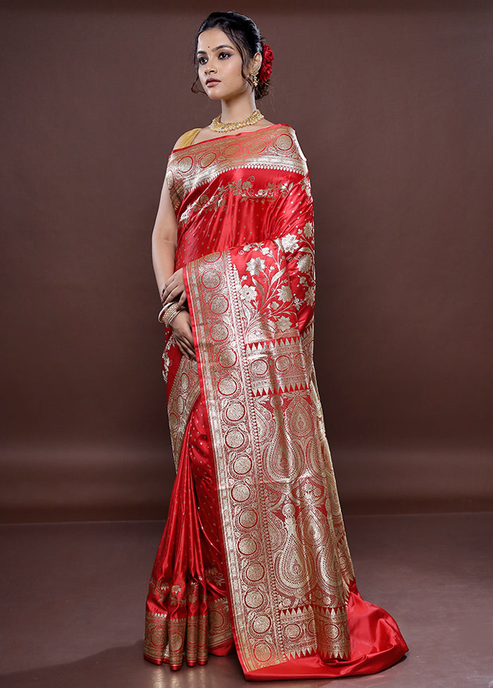 Red Banarasi Silk Saree Without Blouse Piece - Indian Silk House Agencies