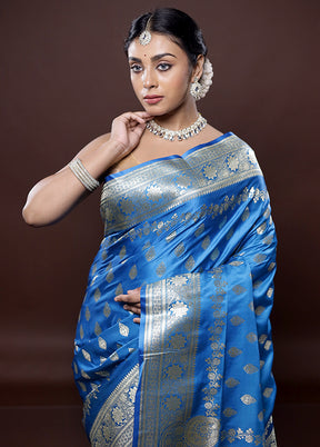 Blue Banarasi Silk Saree Without Blouse Piece - Indian Silk House Agencies