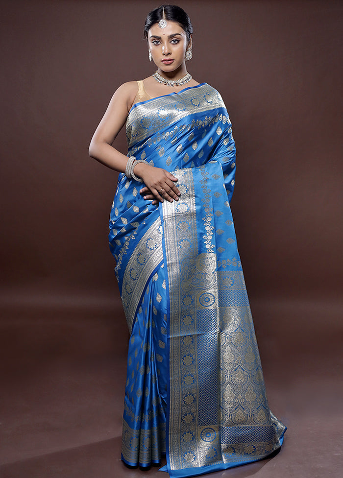 Blue Banarasi Silk Saree Without Blouse Piece - Indian Silk House Agencies