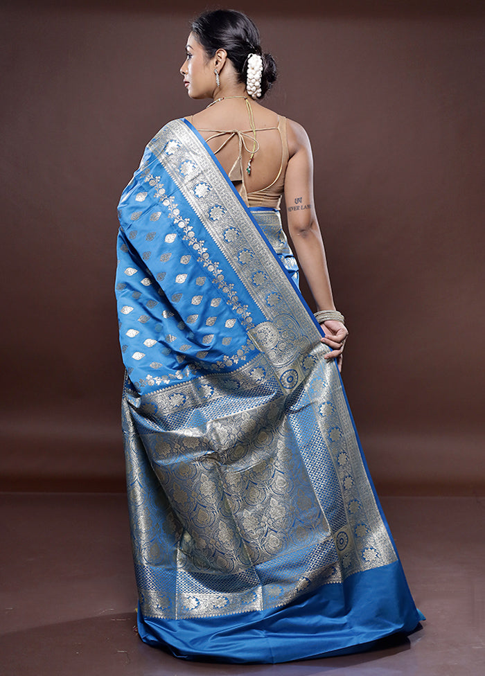 Blue Banarasi Silk Saree Without Blouse Piece - Indian Silk House Agencies