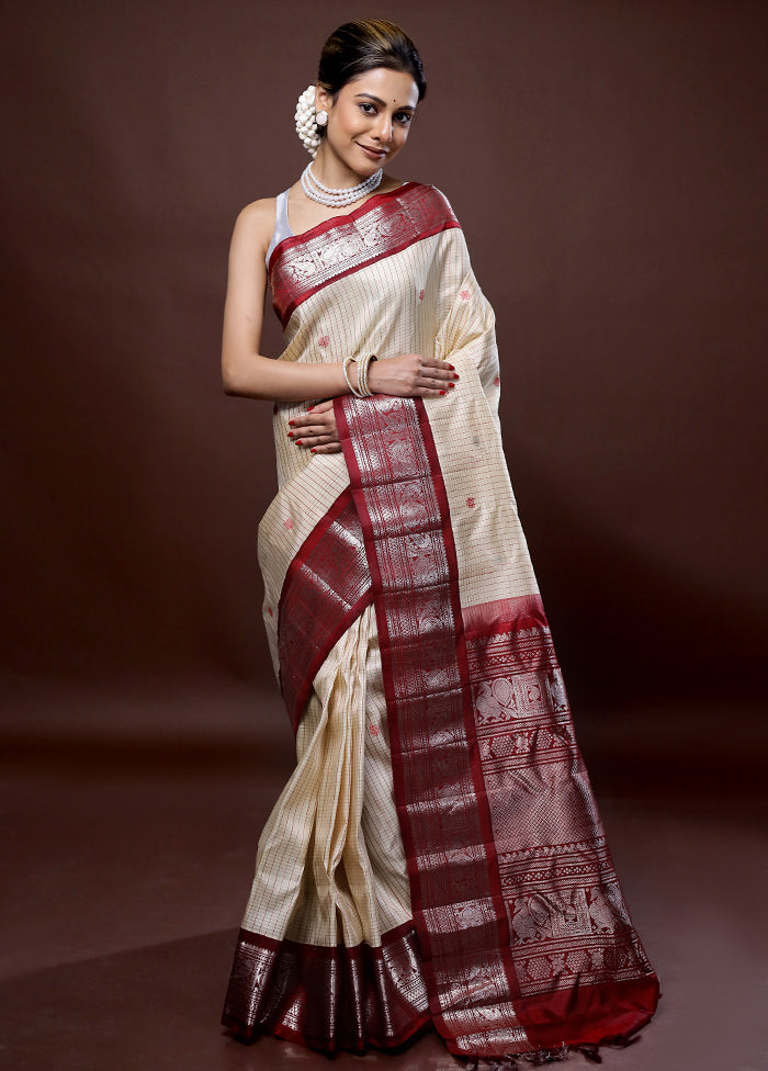 Cream Gadwal Pure Silk Saree Without Blouse Piece - Indian Silk House Agencies