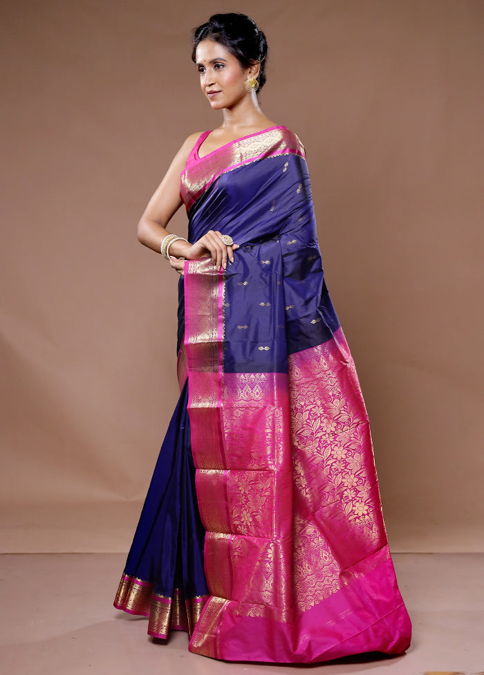 Blue Kanjivaram Silk Saree With Blouse Piece