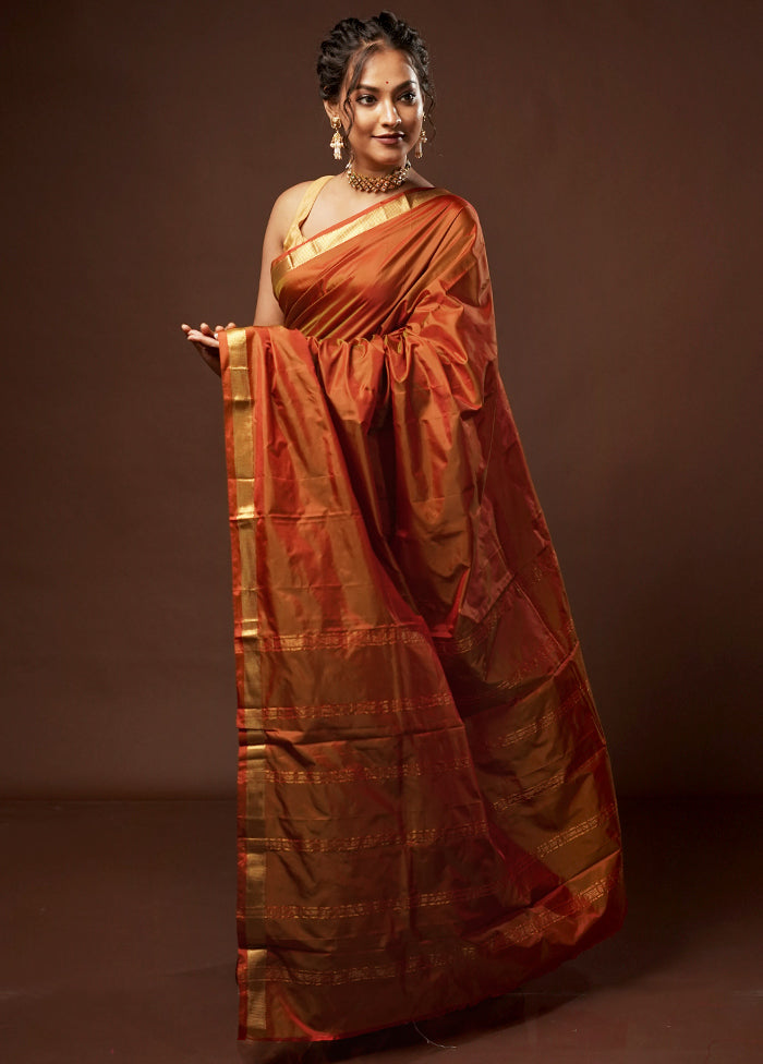 Orange Kanjivaram Silk Saree With Blouse Piece - Indian Silk House Agencies