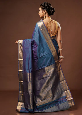 Blue Kanjivaram Silk Saree With Blouse Piece - Indian Silk House Agencies